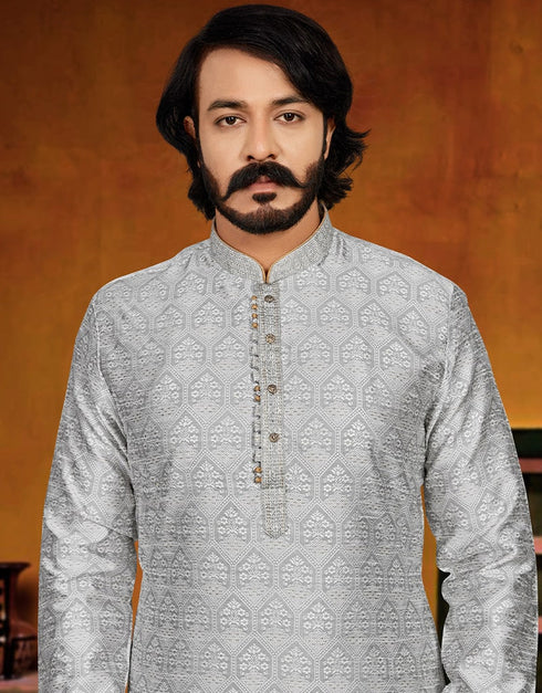 Off White Kurta Pure Jecquared Print Payjama Closure View