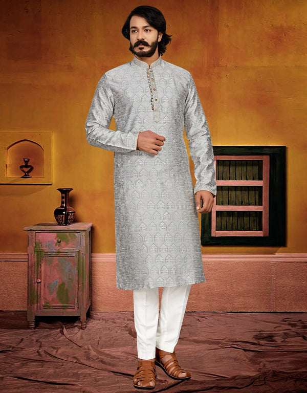 Off White Kurta Pure Jecquared Print Payjama