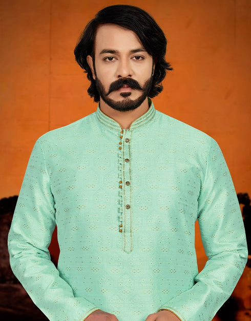 Sky Parrot Kurta Pure Jecquared Print Payjama Closure View