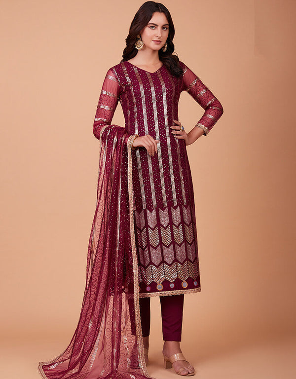 Wine Butterfly Net Pant Suit