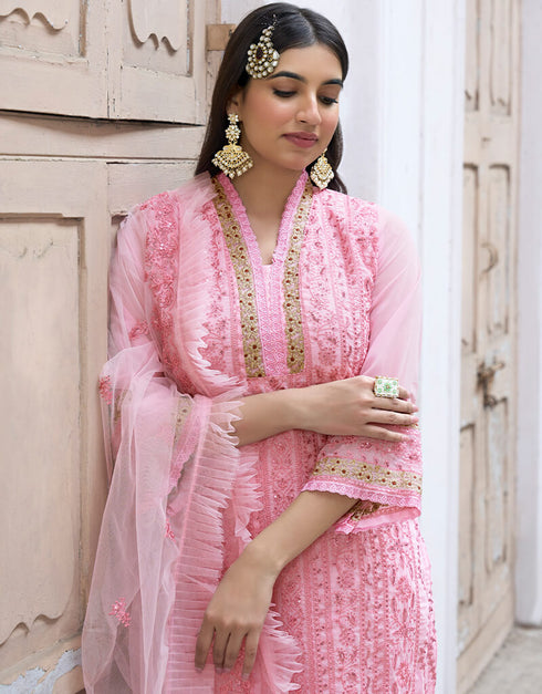 Pink Heavy Faux Georgette Pant Suit Closure View