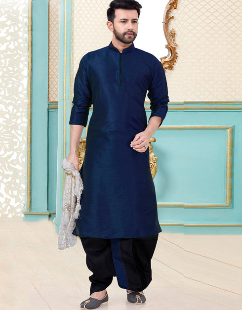 Navy Blue Kurta Dhupion Silk Dhoti