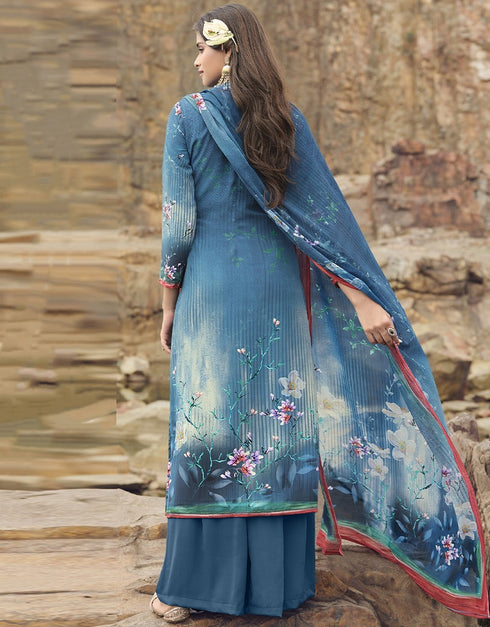 Blue Siya Crepe Digital Print Suit Palazzo Closure View