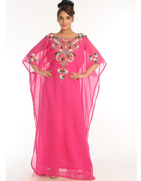 Islamic Fuchsia Pink Georgette Hand Embroidery Party Wear Kaftan