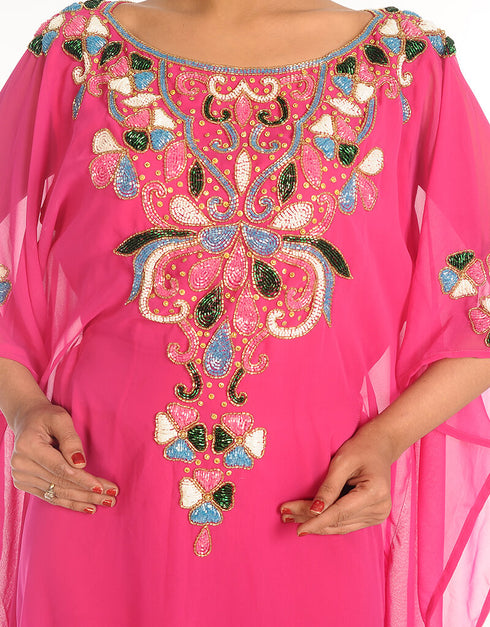 Islamic Fuchsia Pink Georgette Hand Embroidery Party Wear Kaftan