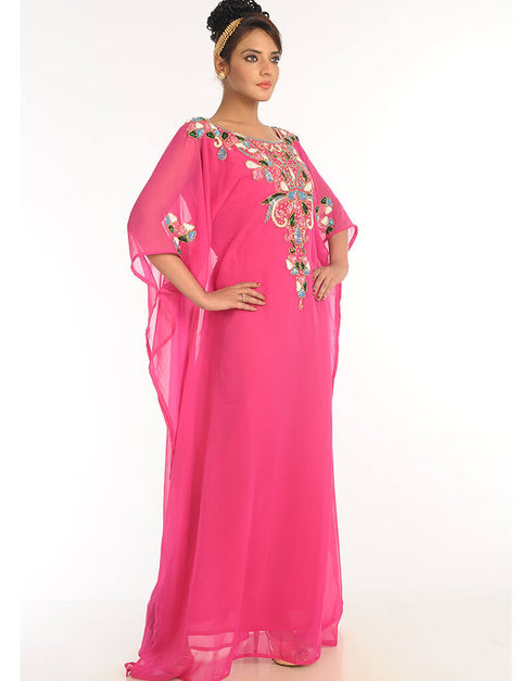 Islamic Fuchsia Pink Georgette Hand Embroidery Party Wear Kaftan