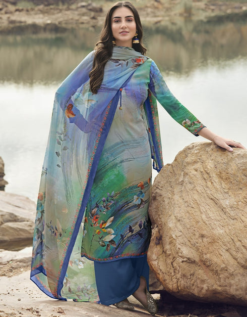Ocean Blue Siya Crepe Digital Print Suit Palazzo