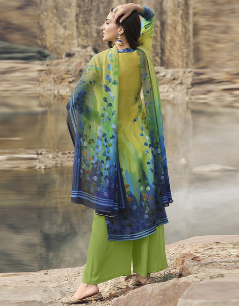 Light Green & Blue Siya Crepe Digital Print Suit Palazzo Closure View