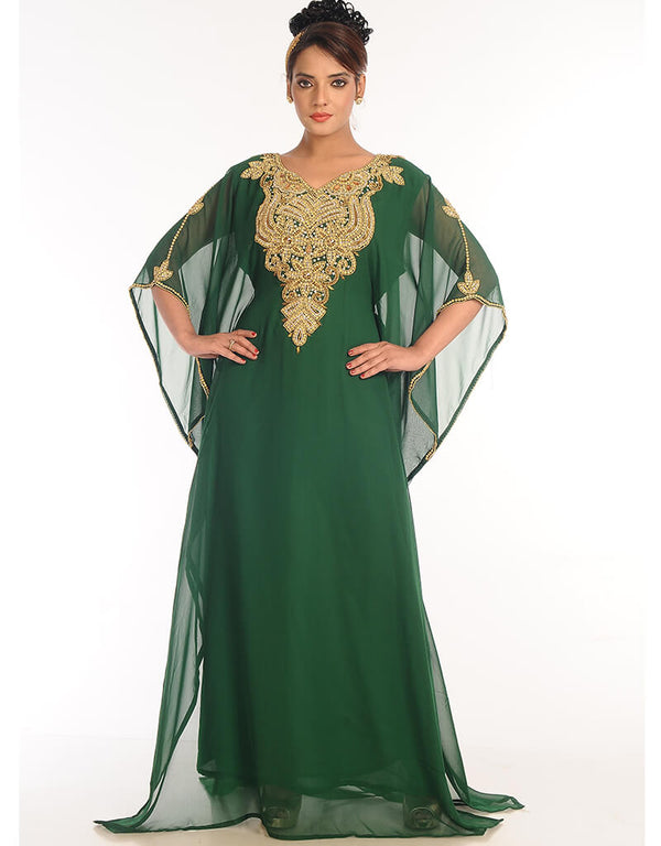 Arabic Bottle Green Georgette Hand Embroidery Party Wear Kaftan