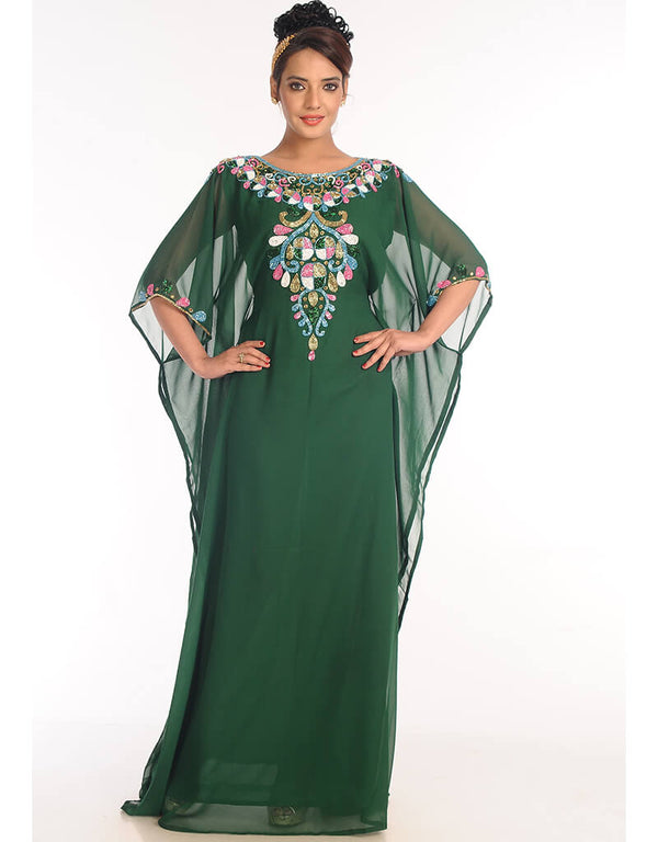 Women Bottle Green Georgette Hand Embroidery Party Wear Kaftan