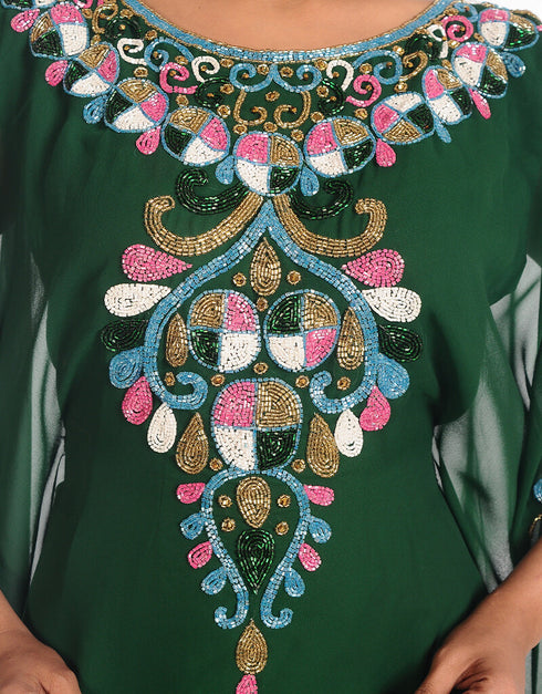 Women Bottle Green Georgette Hand Embroidery Party Wear Kaftan