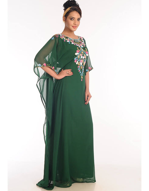 Women Bottle Green Georgette Hand Embroidery Party Wear Kaftan