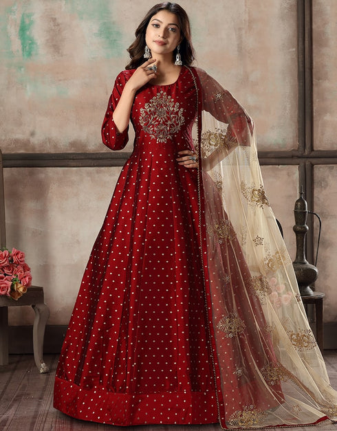 Maroon Tafeta Silk Butti Anarkali Anarkali