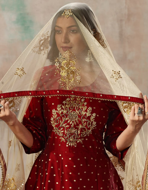 Maroon Tafeta Silk Butti Anarkali Anarkali Closure View
