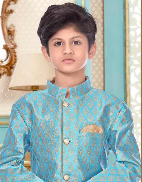 Sky Blue Kurta Pajama Banarasi Brocade Closure View