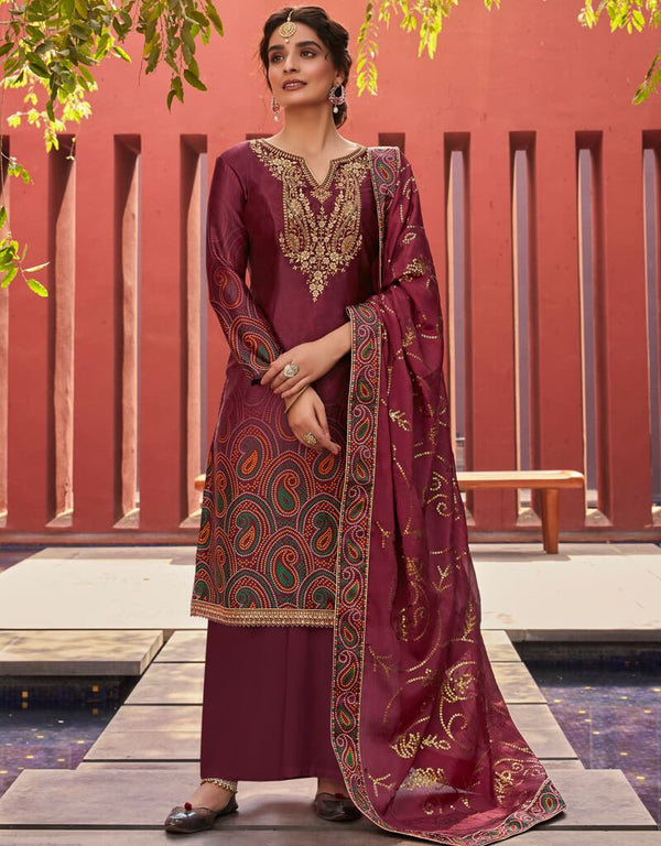 Dark Purple Palazzo style Straight Jam Satin Salwar Kameez in Embroidery, Digital Print & Lace Work