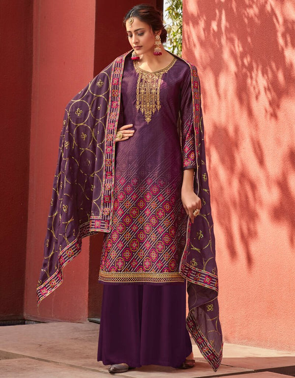 Dark Purple Palazzo style Straight Jam Satin Salwar Kameez in Embroidery, Digital Print & Lace Work