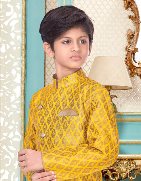 Yellow Kurta Pajama Banarasi Brocade Closure View