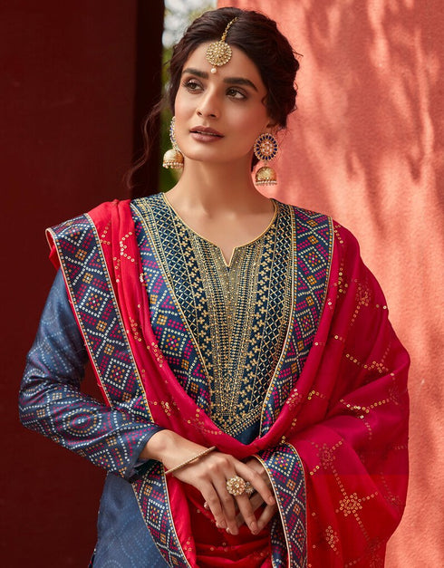 Blue Palazzo style Straight Jam Satin Salwar Kameez in Embroidery, Digital Print & Lace Work Closure View