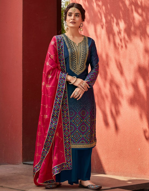 Blue Palazzo style Straight Jam Satin Salwar Kameez in Embroidery, Digital Print & Lace Work