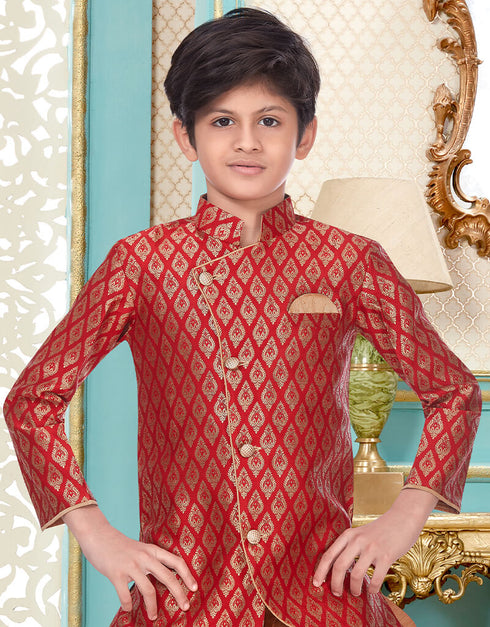 Red Kurta Pajama Banarasi Brocade Closure View