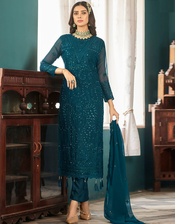 Teal Blue Heavy Faux Georgette Pant Salwar
