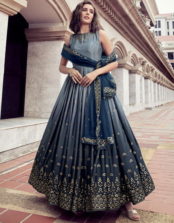 Blue Heavy Chinon Suit Anarkali