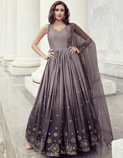 Wine Heavy Chinon Suit Anarkali