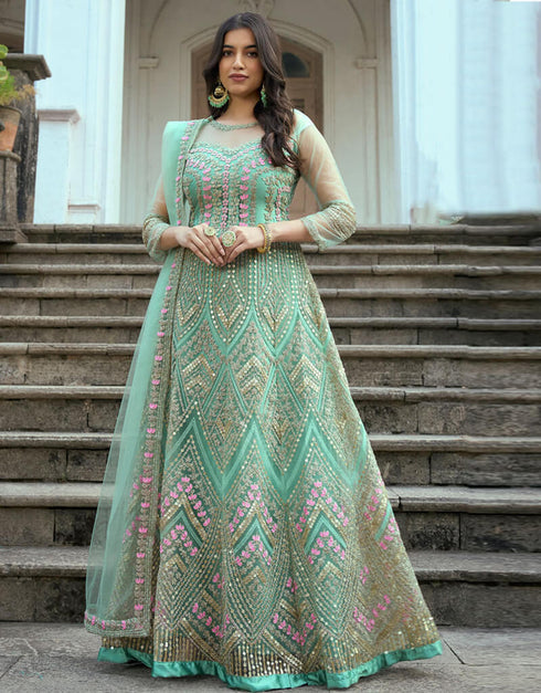Sea Green Heavy Butterfly Net Anarkali Anarkali