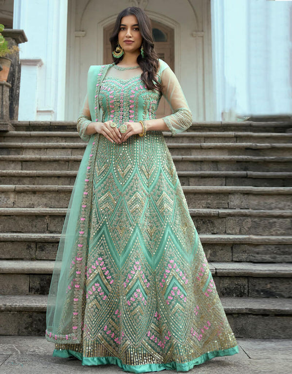 Sea Green Heavy Butterfly Net Anarkali Anarkali