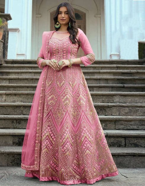 Pink Heavy Butterfly Net Anarkali Anarkali