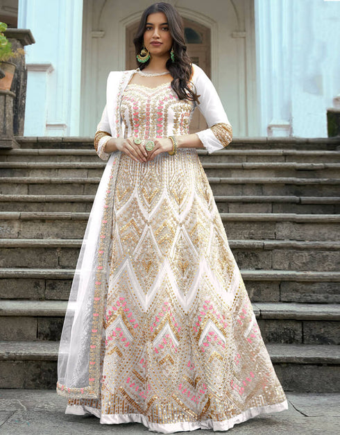 White Heavy Butterfly Net Anarkali Anarkali