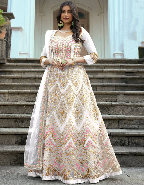 White Heavy Butterfly Net Anarkali Anarkali