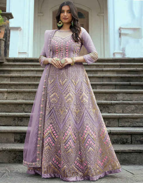 Lavender Heavy Butterfly Net Anarkali Anarkali