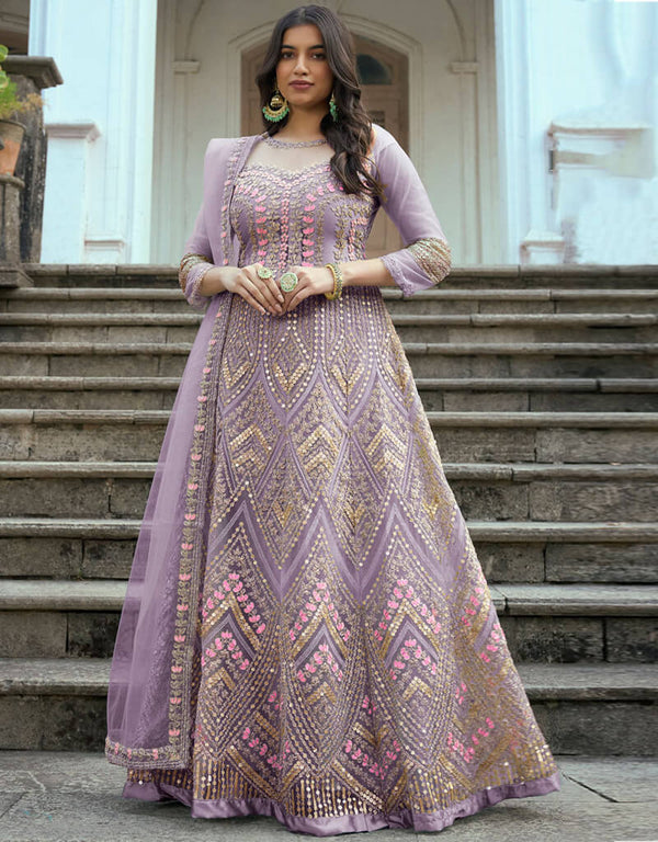 Lavender Heavy Butterfly Net Anarkali Anarkali