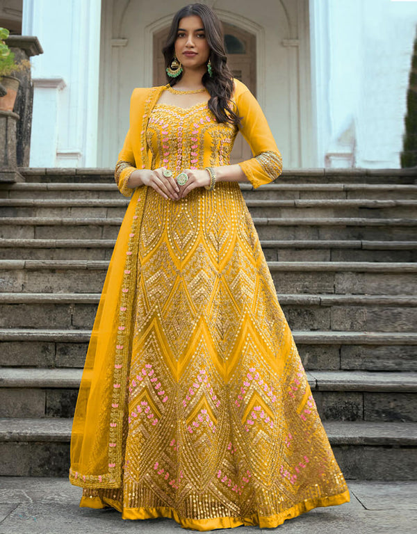 Yellow Heavy Butterfly Net Anarkali Anarkali