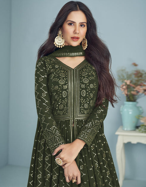 Olive Blooming Faux Georgette Suit Anarkali Closure View