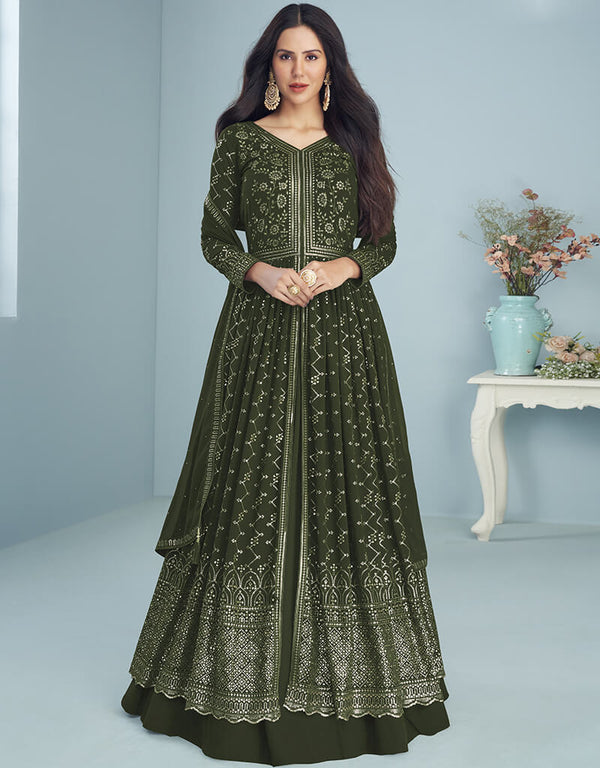 Olive Blooming Faux Georgette Suit Anarkali
