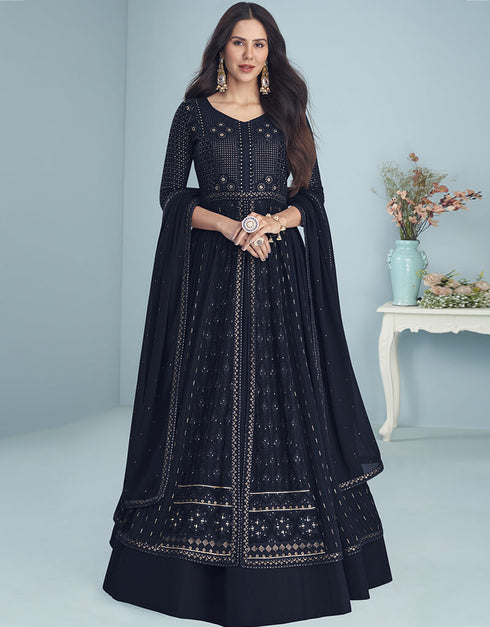 Navy Blue Blooming Faux Georgette Suit Anarkali
