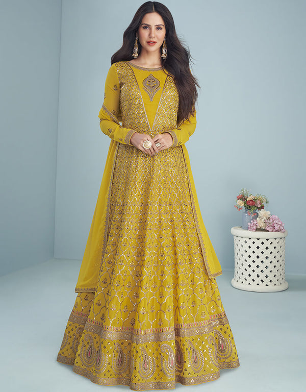 Yellow Blooming Faux Georgette Suit Anarkali