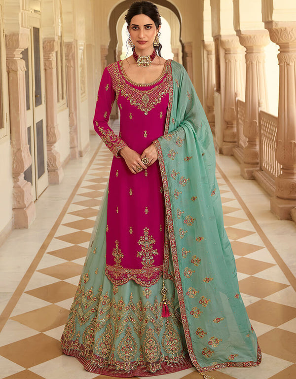 Pink Blooming Faux Georgette Suit Lehenga