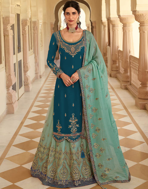 Rama Blue Blooming Faux Georgette Suit Lehenga