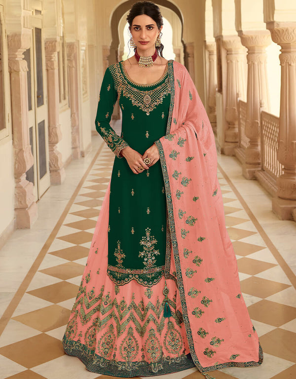 Green Blooming Faux Georgette Suit Lehenga