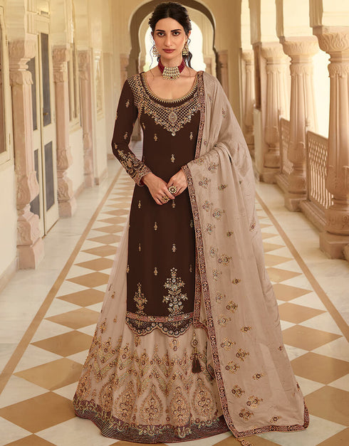 Brown Blooming Faux Georgette Suit Lehenga