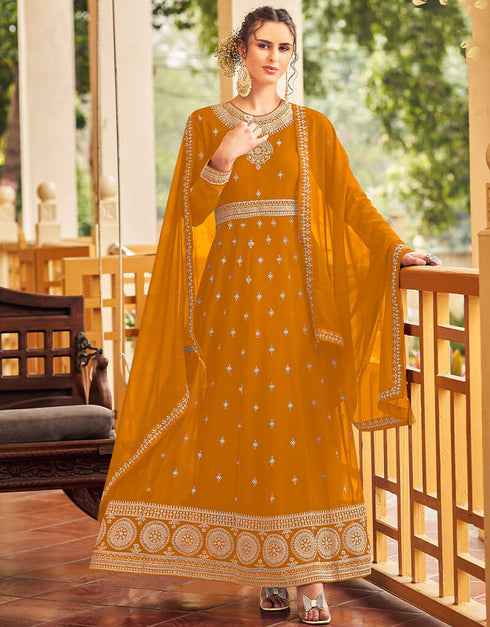 Mustard Faux Georgette Pant Anarkali