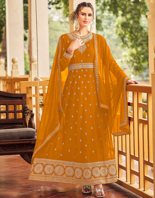 Mustard Faux Georgette Pant Anarkali
