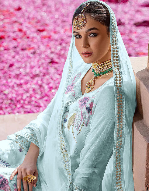 Sky Blue Faux Georgette Suit Pant Closure View