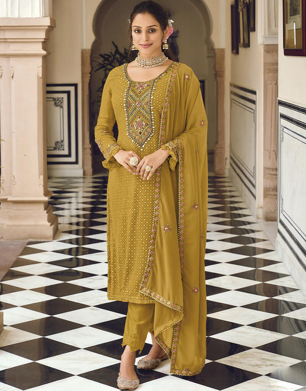 Mustard Yellow Faux Georgette Salwar Kameez Pant