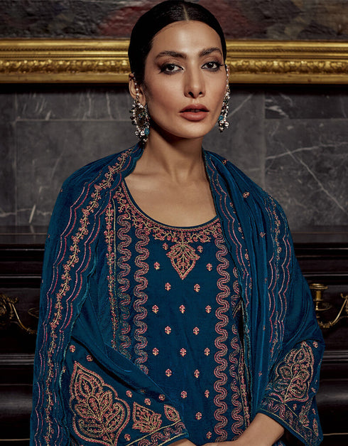 Blue Pure Viscos Velvet Suit Pant Closure View