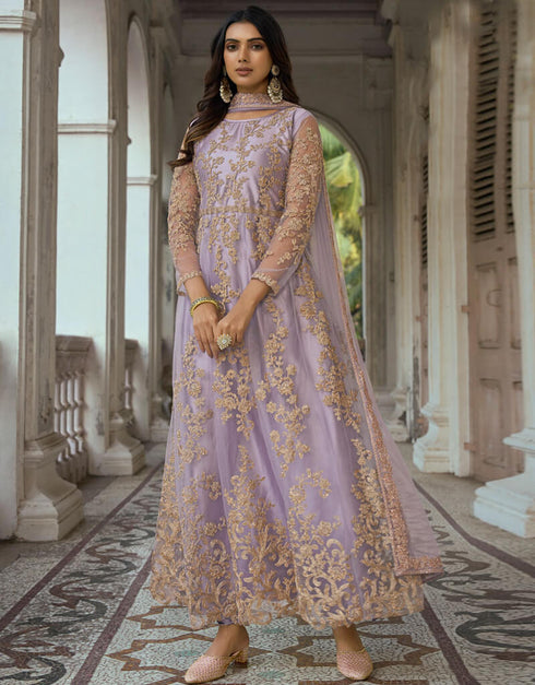 Lavender Heavy Butterfly Net Chudidar Anarkali
